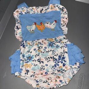 Boutique- Floral Baby Romper with Chicken Embroidery NWOT